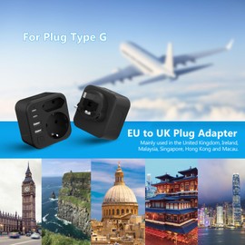 JSVER Travel Adaptor UK 2 Way Adapter England Germany Plug Type G Travel Plug with 4 USB Ports (2 USB C & 2A) Socket Adapter for England, Ireland, Dubai, Maldives, HK, Singapore Black