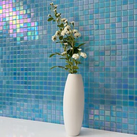 DICOFUN 2 Sheet Rainbow Peel and Stick Backsplash for Kitchen and Bathroom, 6.6" x 6.6" Blue Glass Mosaic Tile