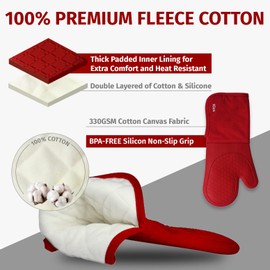 Klex Extra Long Silicone Oven Mitts and Pot Holders, 932°F Degrees Heat Resistance with Quilted Liner Oven Gloves and Hot Pads, 4 Piece Set, 15 inch, Red