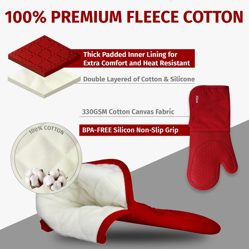 Klex Extra Long Silicone Oven Mitts and Pot Holders, 932°F