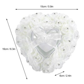 Rings Box Wedding Rings Pillow Box Romantic Heart Shaped Wedding Rings Box Rose Rhinestone Decor Rings Pillow Cushion for Rings Couple Double Rings Bearer Box Engagement Gift(white)