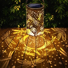 Toodour Solar Lantern Outdoor, Dragonfly Gifts for Women Mom Grandma Hanging Solar Outdoor Lights Waterproof, Hollow Out Retro Metal Dragonfly Lights for Patio, Balcony, Walkway, Yard Decorations