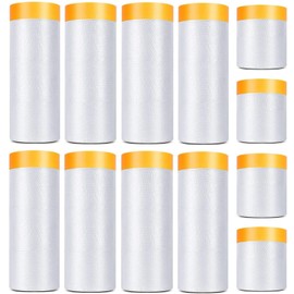 KUANVE 12 Pack Tape and Drape, 3 Sizes Pre-Taped Masking Film Plastic Sheeting Cover Roll, 65.6 Ft/Pack Automotive Painters Masking Tape Film for Furniture, Floor, Skirting