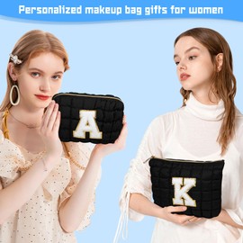 2PCS Initial Checkered Makeup Bag, Quilted Cosmetic Bag, Cute Make up Pouch for Purse, Travel Toiletry Storage Bag for Women Preppy Teen Girls Gift Trendy Stuff Gift (Black A)
