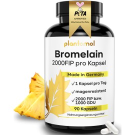 90 Bromelain Capsules with 2000 FIP per Capsule, Bromelain High Dose with 200 mg Bromelain Enzyme from Pineapple Extract, Particularly High Enzyme Activity of 10,000 FIP/g, Vegan plantomol®