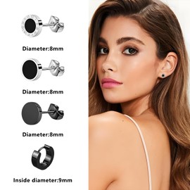 MOTIBACK Black Stainless Steel Stud Earrings 4-Pair Set - Unisex Minimalist Round Studs for Men and Women, Couples Jewelry Dating Gift