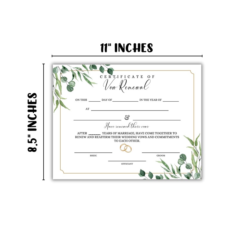 Vow Renewal Certificate on Linen 6pk 8.5x11” Marriage License Gold
