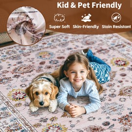 Pink 8x10 Rug, Soft Rug for Bedroom, Washable Rugs for Living Room, Dining Room or Girls' Room, Non-Slip Low Pile Carpet with Vintage Floral Boho Style