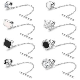 Diamday 8 Pcs Tie Tacks for Men 14K Gold Plated Tie Tacks with Chain Mens Tie Pins for Regular Ties Necktie for Wedding Business Anniversary Sliver