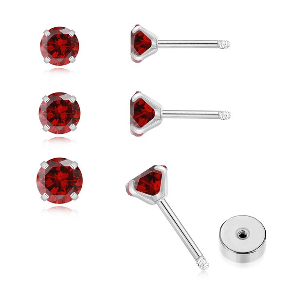 3Pairs CZ Stud Flat Screw Back Earring Studs for Women,