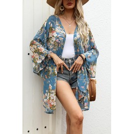 olrain Women's Floral Print Sheer Chiffon 3/4 Bat Sleeve Casual Loose Kimono Cardigan Capes (XX-Large, Blue Pinkf)