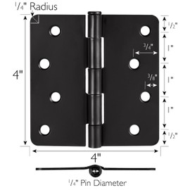 Design House Interior Door Hinges, 4.0 in. x 4.0 in., Rounded, 1/4-in. Radius, Steel, Pre-Lubricated, Door Hardware, Matte Black, 10-Pack, 188953