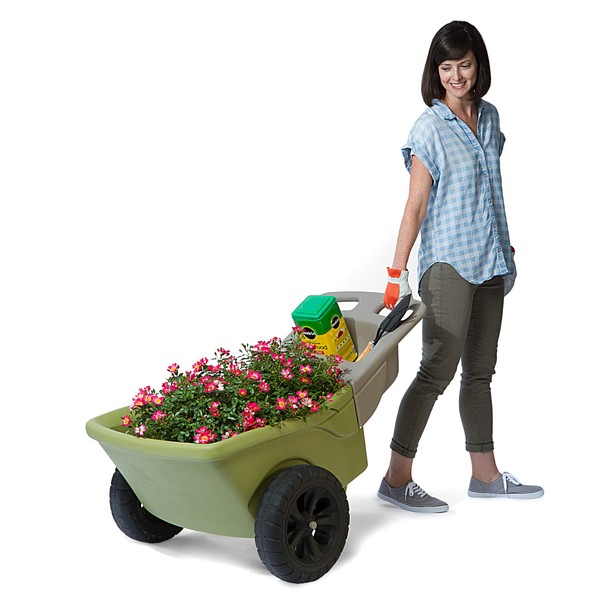 Simplay3 Easy Haul Wheelbarrow with Garden Tool Storage Tray, Durable Heavy-Duty Plastic Wheelbarrow with Large Easy Turn Wheels - Green, Made in USA