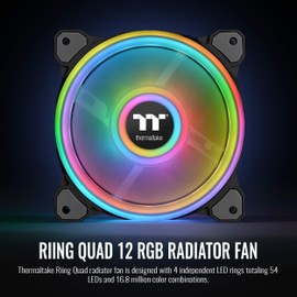 Thermaltake Riing Quad 120mm 16.8 Million RGB (Alexa, Razer Chroma sync-able), 4 Light Rings 54 Addressable LED, 9 Blades Hydraulic Bearing Case/Rad Fan (NO Controller),1-Pack, CL-F088-PL12SW-C, Black