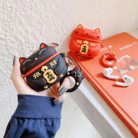 Yatchen for Airpods 3 Case,Cute 3D Cartoon Lucky Cat Airpods 3 3rd Generation Cover Kawaii Soft Silicone Protective Cover with Keychain Shockproof Charging Case for AirPods 3 for Girls Black