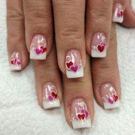 Press on Nails Short Square Fake Nails with Red Pink Heart Designs White French Tip Glue on Nails Press ons Full Cover False Nails Glitter Stick on Nails for Women 24 Pcs