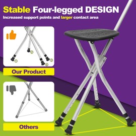 BigAlex Lightweight Walking Cane with Seat, Adjustable Folding Cane Chair for Seniors and Women, Featuring a Soft, Comfortable Handle and 4 Non-Slip Legs.