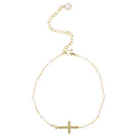 Pearl Cross Anklets for Women, Adjustable Waterproof Gold Ankle Bracelets with Pearl Dainty Beaded Chain Anklets Jewelry Accessories for Women Summer