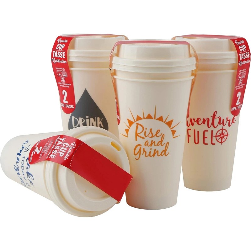 Coffeehouse SET 2 Coffee Cups & Lids, REUSABLE Premium Plastic.