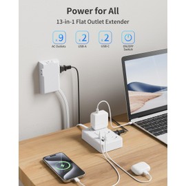 DEPOW Flat Extension Cord 3 FT with Outlet Cover, Power Strip Surge Protector with 9 AC Outlets(3 Wall Outlets Extender) 4 USB Ports (2USB C), 1050 Joules, Multi Plug for Home Office Tight Spaces