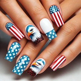 24Pcs Independence Day Fireworks Press on Nails Medium Square 4th of July Stripes Fake Nails Gradient Stars design False Nails Full Cover Stick on Nails Memorial Day Nails for Women Nail Decoration