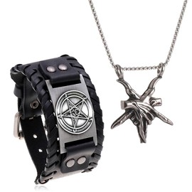 EENSYWEENSY 2Pcs Gothic Inverted Pentagram Jewelry, Satanic Leather Cuff Bracelet & Demon Baphomet Pendant Necklace, Satan Goat Head Jewelry Gift for Men