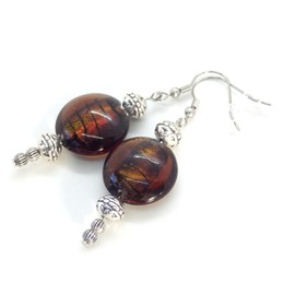 Handmade earrings in flat dark brown lampwork glass beads and silver-plated brass, vintage style, French craftsmanship