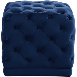 Meridian Furniture Stella Collection Modern | Contemporary Velvet Upholstered Ottoman / Stool with Deep Button Tufting and Solid Wood Frame, Navy, 18" W x 18" D x 17" H