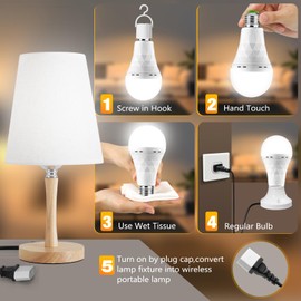 TFOI Rechargeable Emergency LED Light Bulbs, Light Up to 56 hrs, Battery Operated Light Bulb, Self-Charging Light Bulb 1500mAh Battery Backup Light Bulbs for Home Power Failure (E26 4 Pk Daylight)