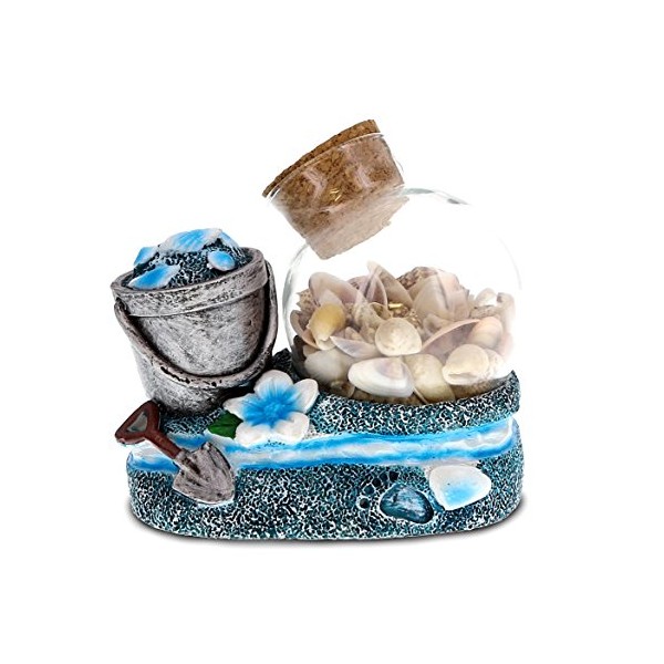 CoTa Global Ocean Breeze Beach Theme Décor Blue and Silver Sand and Shell Beach Bucket Bottle Handcrafted Hand Painted Home Accent Kitchen Bedroom Living Room Unique Gift Souvenir Snow Globe