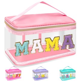 Bolsas de maquillaje transparentes con letras de chenilla, bolsa de maquillaje con asa, Mamá-rosa