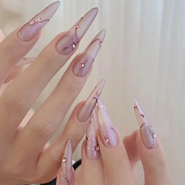 30Pcs Sparkly Curve Line Press on Nails for DIY Manicure Long Stiletto Glossy Pink Glitter Acrylic False Nails Rhinestones Fake Nails Gel Glue on Nails Stick on Nails for Coquette Women Elegant Design