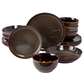 Gibson Elite Edwina Double Bowl Dinnerware Set,Dark Green, Service for 4 (16pcs)
