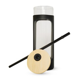 haelo 20oz Glass Tumbler Water Bottle, Iced Coffee Cup with Straw, Silicone Protective Sleeve, Bamboo Lid Reusable BPA Free (Black)