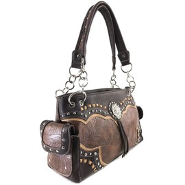 Justin West Western Floral Embroidery Studs Bling Rhinestone Buckle Shoulder Concealed Carry Handbag Purse (Brown Handbag)