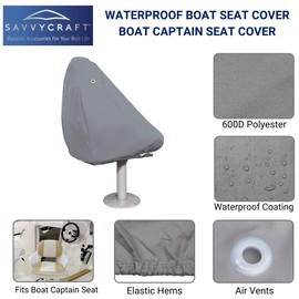Savvycraft Waterproof Boat Captain Seat Chair Cover, Marine-Grade Heavy-Duty Polyester, 24" D x 22" W x 25" H Gray All-Weather, UV Resistant, Durable Boat Chair Protector