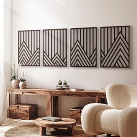 Glamativity 4 Pcs Black Abstract Mountain Line Metal Wall Art, 17 x 12'' Minimalist Décor Single Line Art Wall Décor, 3D Textured Sculptures, Decorative Forest Nature Abstract Line Minimalist Wall Décor Hanging for Living Room Bedroom Bathroom Study(Blac