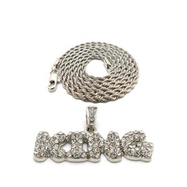 NYFASHION101 Stone Stud Bubble Letter King Pendant with 2mm 24" Rope Chain Necklace, Silver-Tone