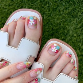 Flower Press on Toenails Short Square Fake Toenails Colorful Small Flowers Design False Toe Nails Full Cover Nude Artificial Glue on Toenails Spring Summer for Stick on Toenails Women Manicure