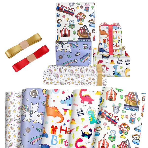 Pack of 5 Wrapping Paper Set, Cute Cartoon Gift Wrapping