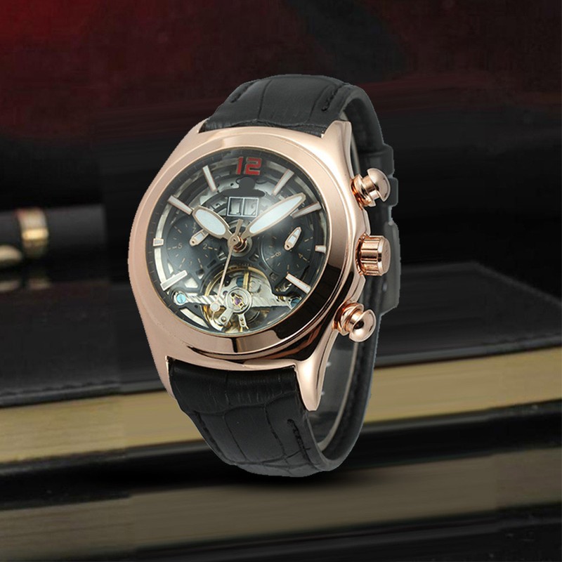 FORSINING Men Automatic Mechanical Waterproof Watch Wristwatch (Black Dial Rose