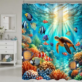 COSEVIER Sea Turtle Shower Curtain for Bathroom Ocean Beach Coastal Seaworld Marine Life Bath Set with Hooks Home Decoration 72x72 Inch Fabric Waterproof