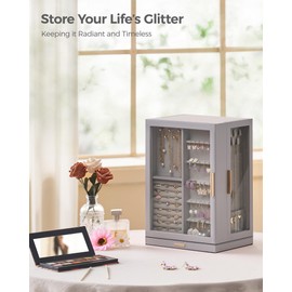 Glimmloop 360° Rotating Jewelry Box with 7 Drawers, Spacious Vertical Jewelry Organizer with Glass Window, Jewelry Storage Case, Dustproof & Moisture-resistant Design, Grey