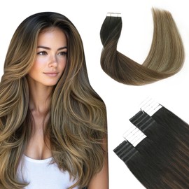 SURNEL Tape in Hair Extensions Human Hair 18inch Natural Black to Chocolate Brown and Caramel Blonde Tape in Hair Extensions 20pcs 50g(#1B/4/27-18)