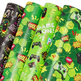 Mpanwen Green Video Game Wrapping Paper for Boys Kids, 8 Sheets Large Gamer Gaming Gift Wrap Game on Wrapping Paper for Christmas Birthday Holiday - 27 x 39.5 Inches Per Sheet
