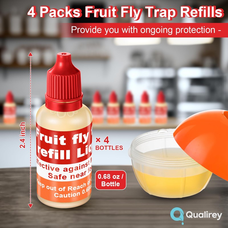 Qualirey 4 Pack Fruit Fly Trap Refill Liquid, 0.68oz/ Bottle