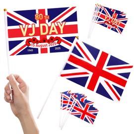 10pcs Small VJ Day 80th Anniversary Flag for VJ Day Decorations 2025, Small VJ Day Flags on Sticks Mini V-J Day Flag Hand Held V J Day Flags WW2 Victory over Japan 80th Party Decorations