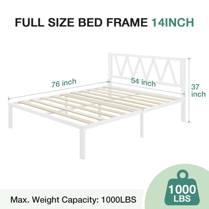 Novilla 14 Inch Full Size Bed Frame with Headboard, White