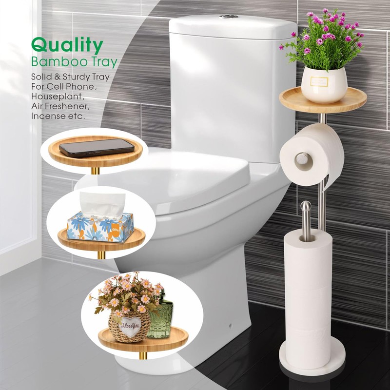 Toilet Paper Holder Stand with 7.9" Big Bamboo Tray, 2.2Lbs