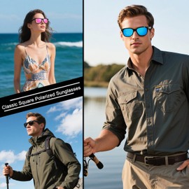 Bouryo Square Polarized Wayfarer Sunglasses for Men and Women Driving Fishing Sun Glasses UV400 Protection (2 Pack)